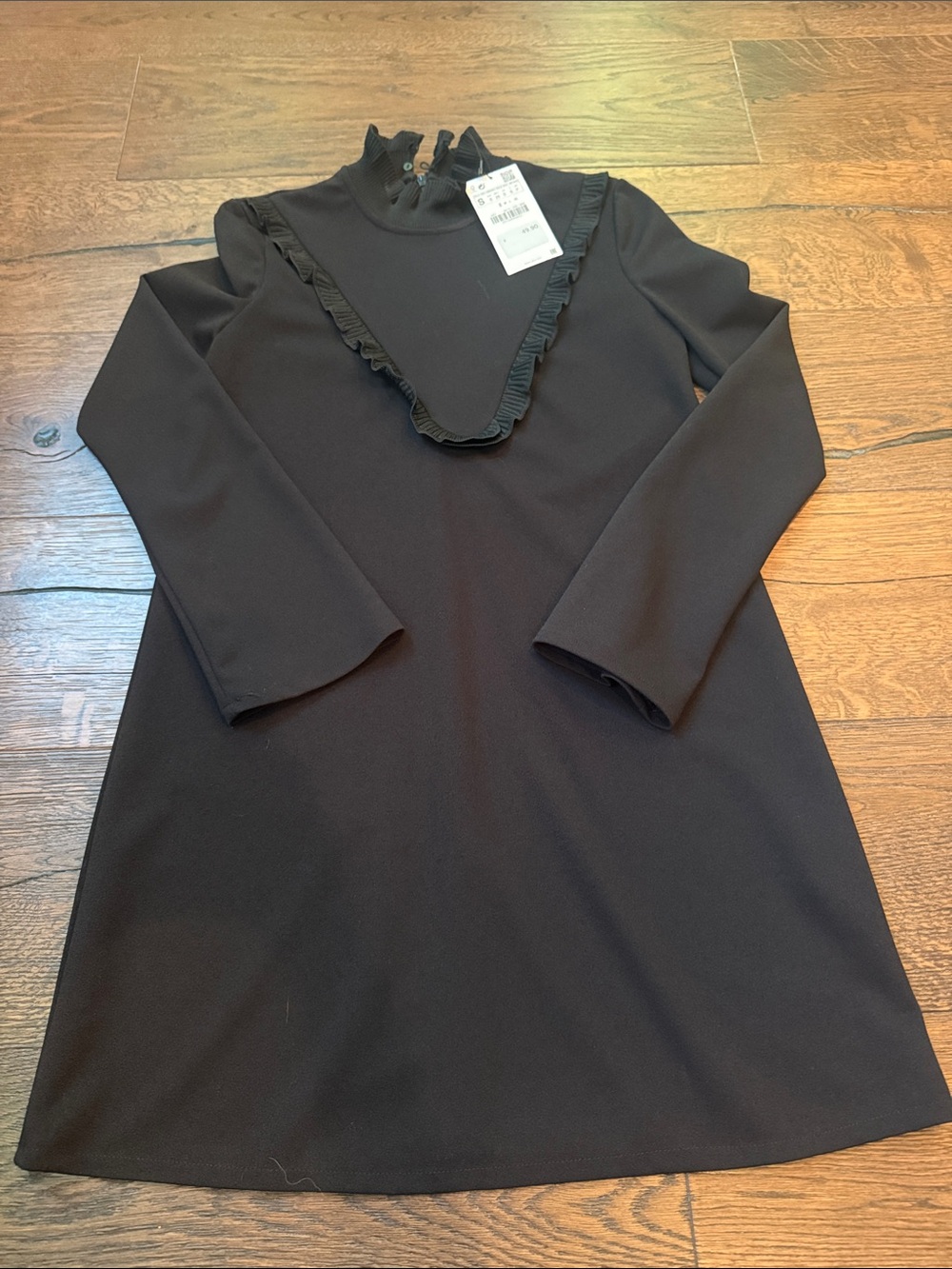Zara Black Ruffle Trim Long Sleeve Shift Dress